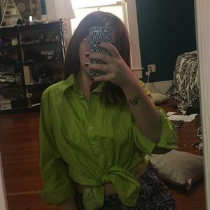 Green and White Polka Dot Button Down Long Sleeve